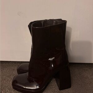 BERSHKA Burgundy Colored Patent Leather Ankle Boots